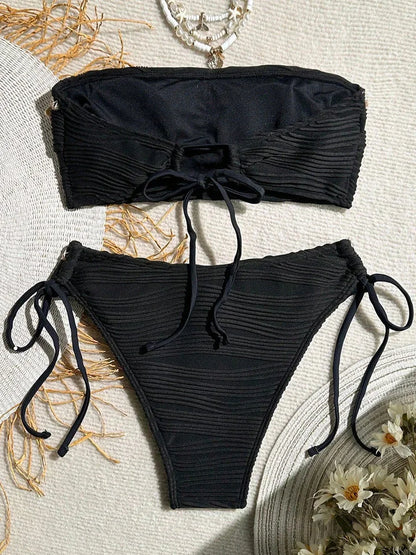 XS - XL Bandeau Wrinkled High Cut Bikini Women Swimwear Female Swimsuit Two-pieces Bikini Set Shell Bather Bathing Suit Swim