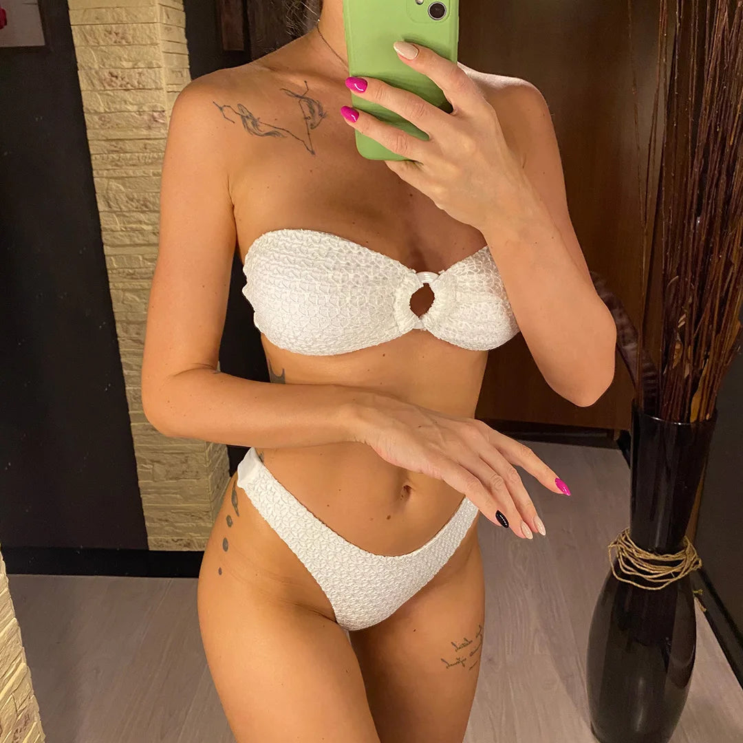 Wrinkled Bandeau High Cut Bikini Women Swimwear Female Swimsuit Two-pieces Bikini set Strapless Bather Bathing Suit Swim V3367