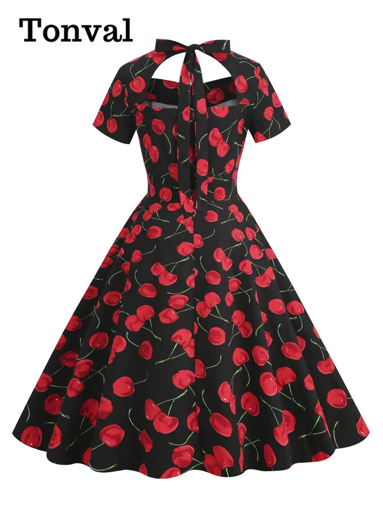 Tonval Sweetheart Neck High Waist Cherry Vintage 50s Midi Dress Short Sleeve Backless Women Tie Back Cotton Rockabilly Dresses