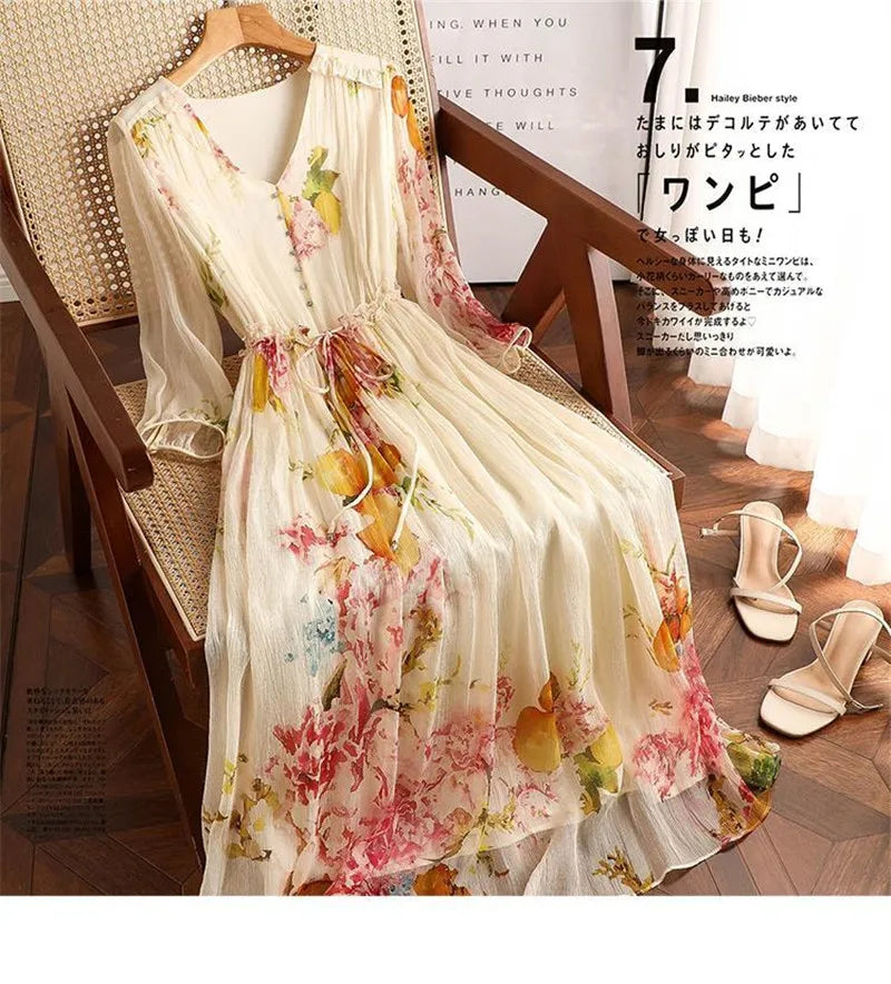 Limiguyue Summer Floral Print Silk Dresses Double Layers Ruffle Beaded Button A-Line Dress Elegant Chiffon Long Vestidos Z044