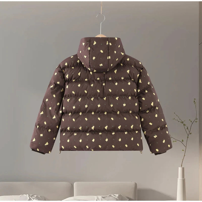 Printed Hooded Puffy Cotton Jacket Women Stand Collar Long Sleeve Zipper Loose Padded Coats 2025 Winter Lady Warm Outwear Street