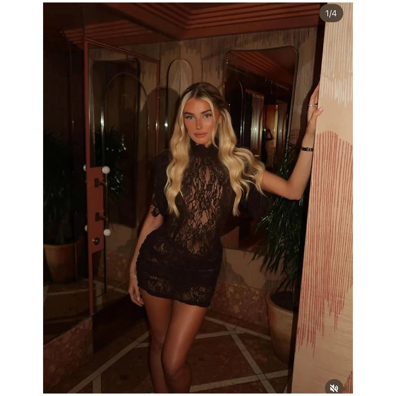 Lace Patchwork Pleated Mini Dress Lady Sexy High Collar Sleeveless Cinched-waist Slim Dresses Women 2026 Evening Party Vestidos
