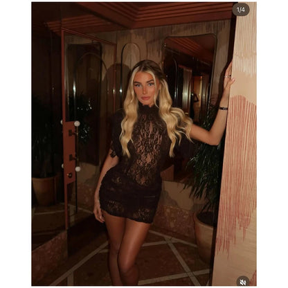 Lace Patchwork Pleated Mini Dress Lady Sexy High Collar Sleeveless Cinched-waist Slim Dresses Women 2026 Evening Party Vestidos