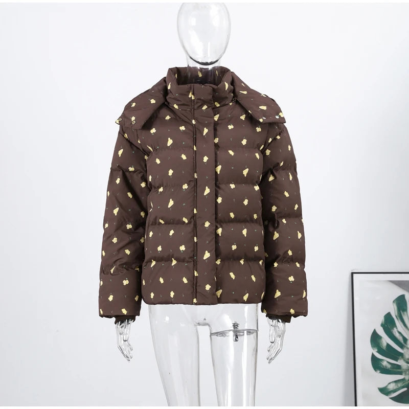 Printed Hooded Puffy Cotton Jacket Women Stand Collar Long Sleeve Zipper Loose Padded Coats 2025 Winter Lady Warm Outwear Street