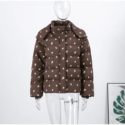 Printed Hooded Puffy Cotton Jacket Women Stand Collar Long Sleeve Zipper Loose Padded Coats 2025 Winter Lady Warm Outwear Street