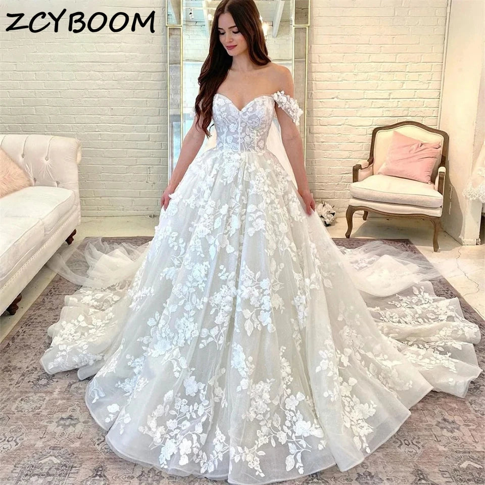 Customized Appliques Lace off Shoulder Ball Gown Wedding Dresses For Women 2026 Court Train Bridal Gowns Vestidos De Novia