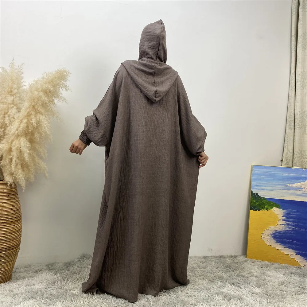 Hot Seller Ramadan Islamic Clothing Wrinkle Polyester Hoodie Abaya Dress With Undercap Muslim Women Abaya Hoodie Causal Dresses