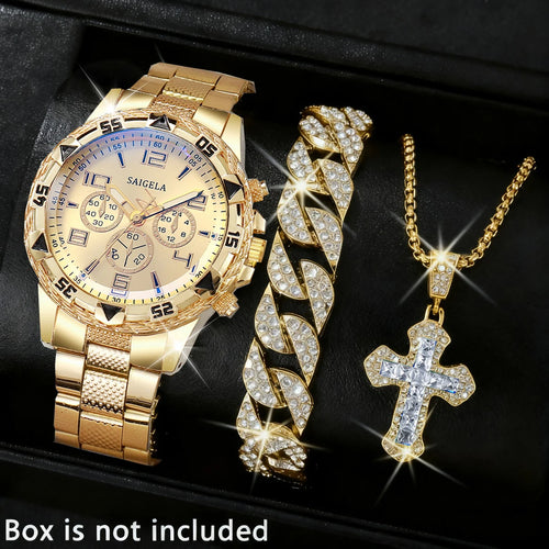 3PCS/Set Luxury Stainless Steel Band Men Business Watches Fashion Male's Quartz Watch Hip-hop Diamond Jewelry Set (Without Box）