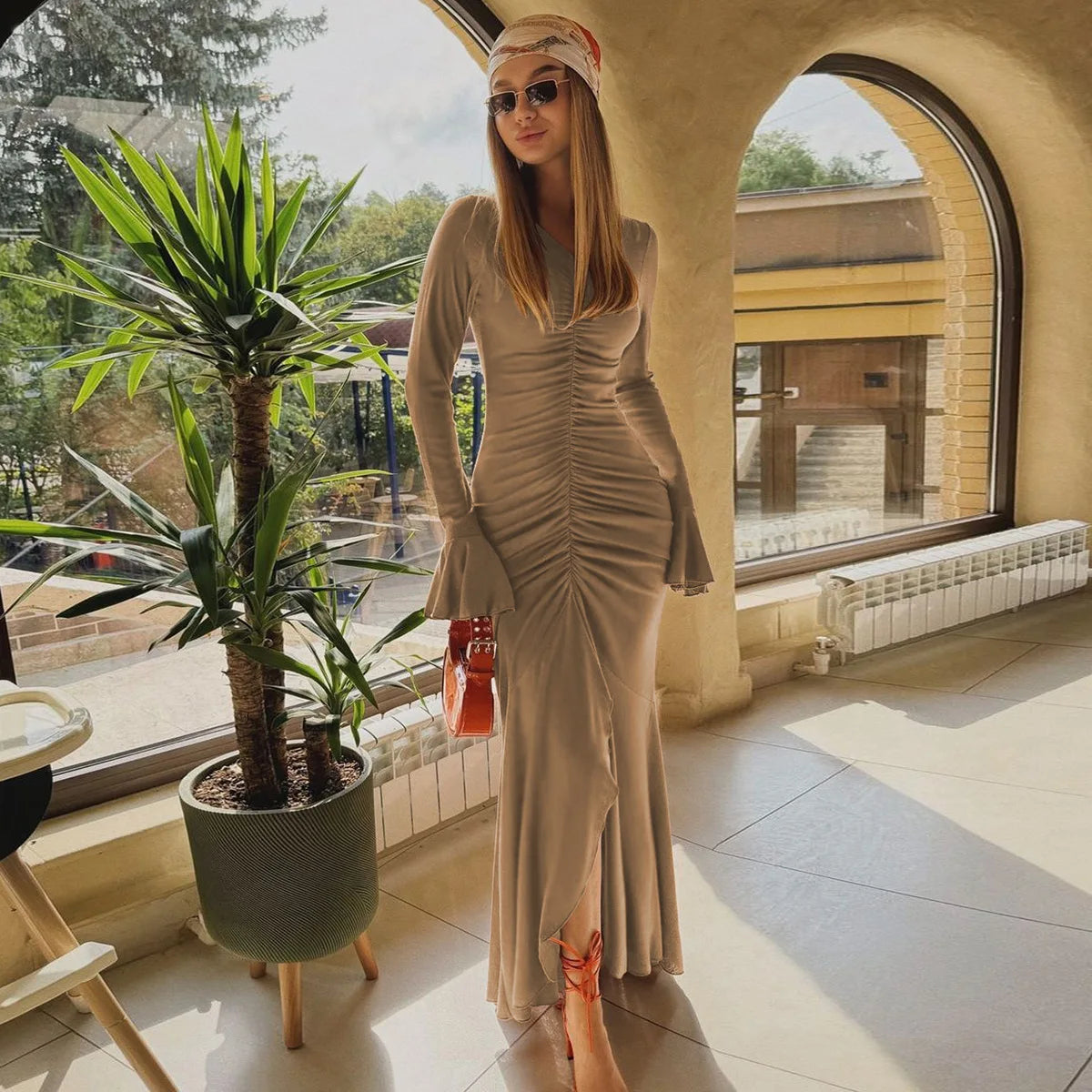 Women Elegant Ruffle Hem White Long Dress Fashion Shirring V-neck Flare Long Sleeve Dresses 2024 New Evening Party Robes Vestido