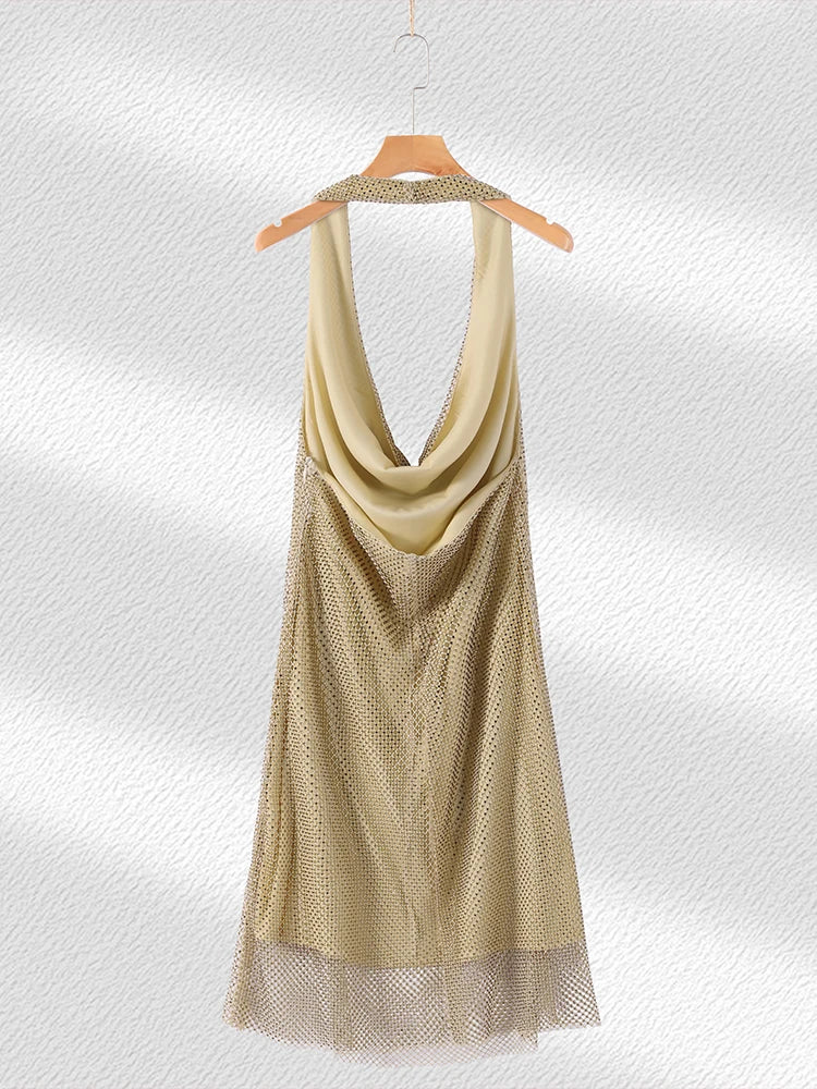 Rhinestone Halter Short Dress Women Sexy Sleeveless Backless Waist Cinching Hip Package Bodycon Party Evening Dresses Streetwear