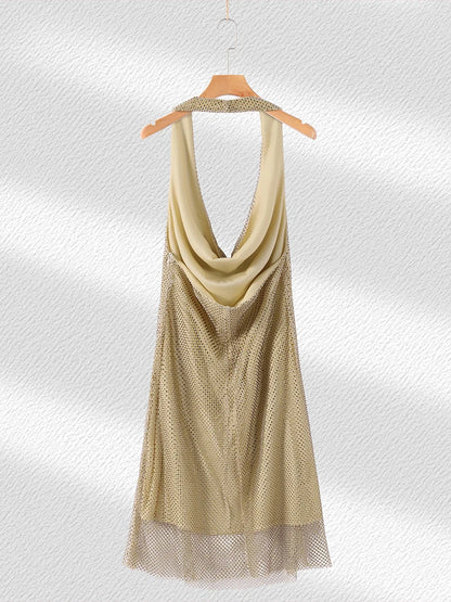 Rhinestone Halter Short Dress Women Sexy Sleeveless Backless Waist Cinching Hip Package Bodycon Party Evening Dresses Streetwear