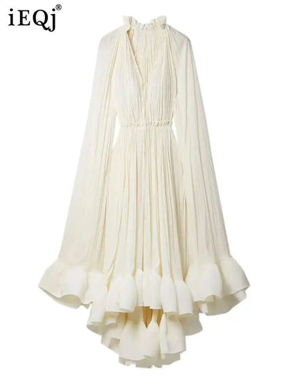 IEQJ Elegant Big Swing Irregular Ruffles Party Maxi Dresses For Women Cloak Sleeves Spliced Lace Up Pleated Dress 2025 New