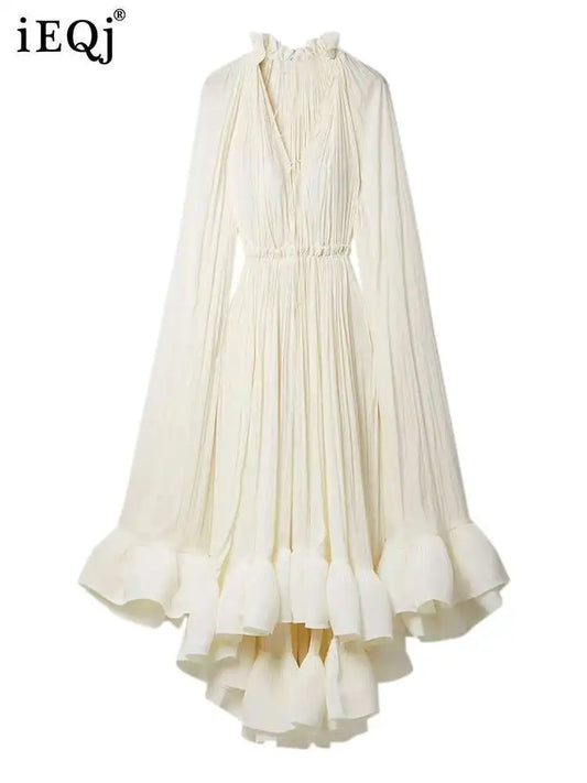 IEQJ Elegant Big Swing Irregular Ruffles Party Maxi Dresses For Women Cloak Sleeves Spliced Lace Up Pleated Dress 2025 New
