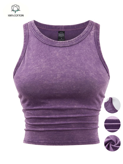 Y2k Cotton Solid Tank Tops For Womens Summer Sexy Sleeveless O-Neck Tight Washed Crop Tees Casual All-math Basic Streetwear