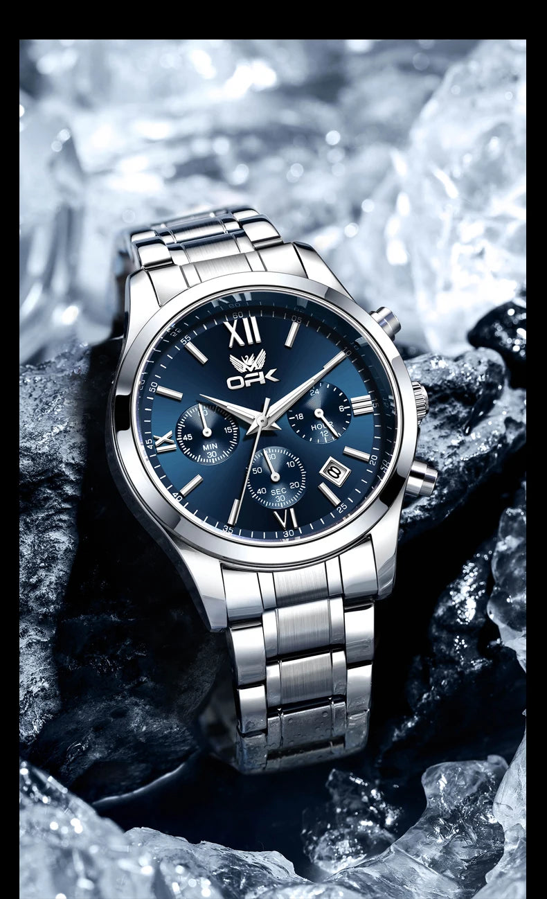 OPK 6052 Chronograph Quartz Wristwatch Original Steel Strap Waterproof Luminous Calendar Fashion Elegant Men's Business Watches