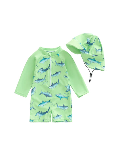 Citgeett Summer Toddler Boys Boys Rash Guard Swimsuit Print Zipper Long Sleeve Bathing Suit Swim Cap Romper Clothes
