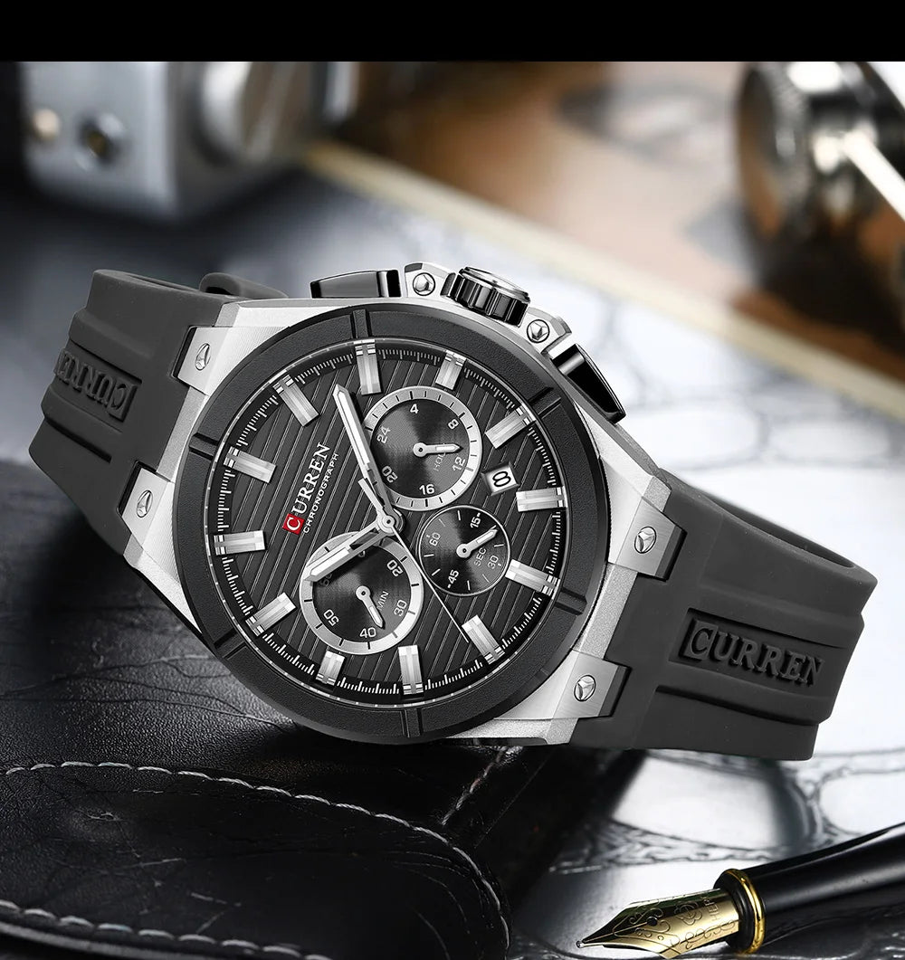 CURREN 8487 Casual Men's Quartz Wristwatch Multifunctional Chronograph Calendar Outdoor Sports Luminous Fashion Watches for Man