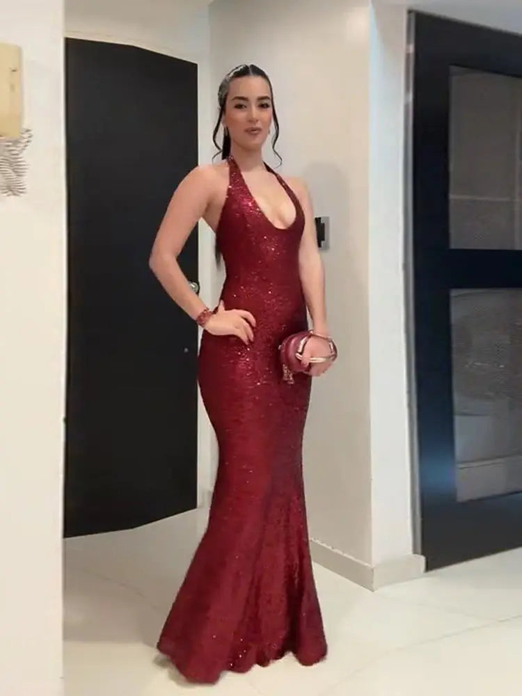 Sexy Shiny Sequined Mesh Club Evening Party Dresses Women 2026 Summer Autumn Sleeveless Backless Bodycon Maxi Long Dress