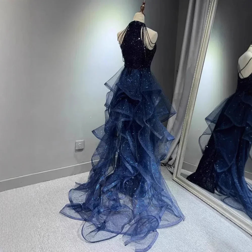 Elegant Sparking Navy Blue Evening Dresses Halt Beading Party Gown Customized Prom Dress 2025