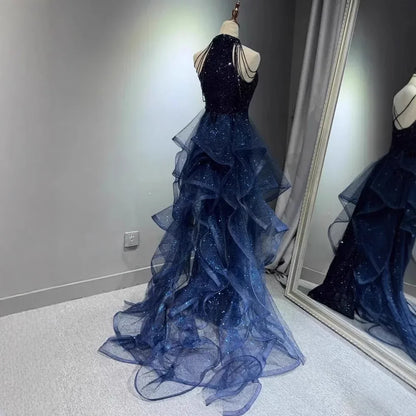 Elegant Sparking Navy Blue Evening Dresses Halt Beading Party Gown Customized Prom Dress 2025
