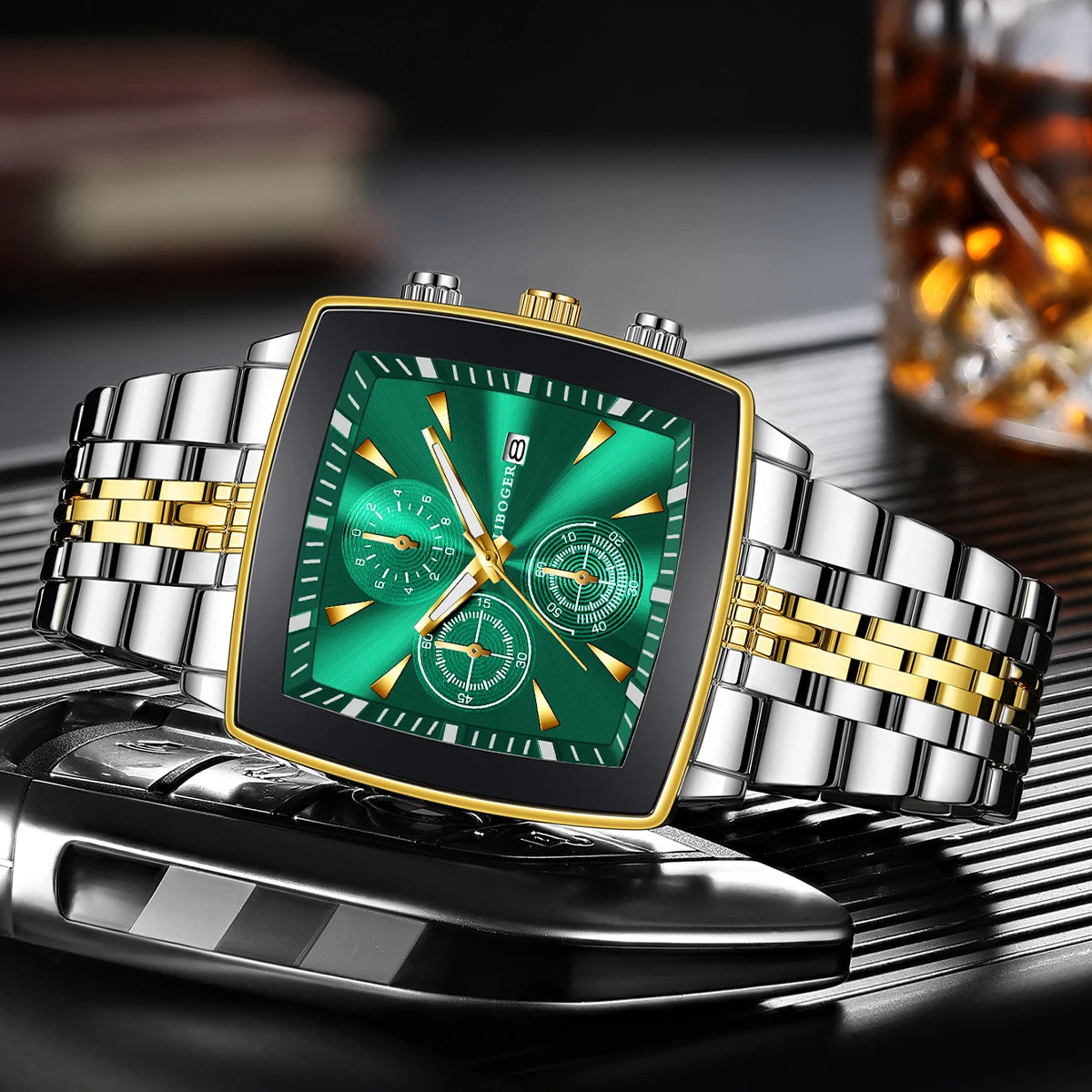 Luxury Stainless Steel Man Calendar Business Watches Fashion Square Dial Men Quartz Wristwatch Reloj Hombre (Without Box)