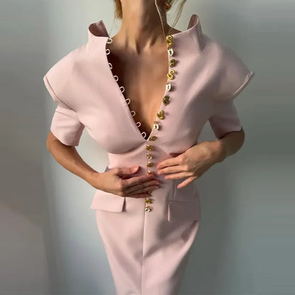 Chic Single Breasted Women's Dress Short Sleeve Slim Female Long Dresses 2026 Spring Summer Elegant Party Front Split Lady Robe
