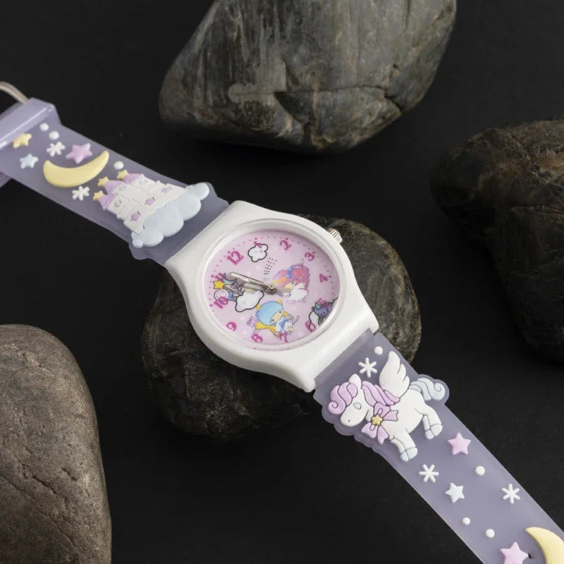 Sanrio 3D Pattern Children's Watch Cinnamoro Hello Kitty Waterproof Quartz Watch Kuromi Cartoon Silica Gel Watchband Kids