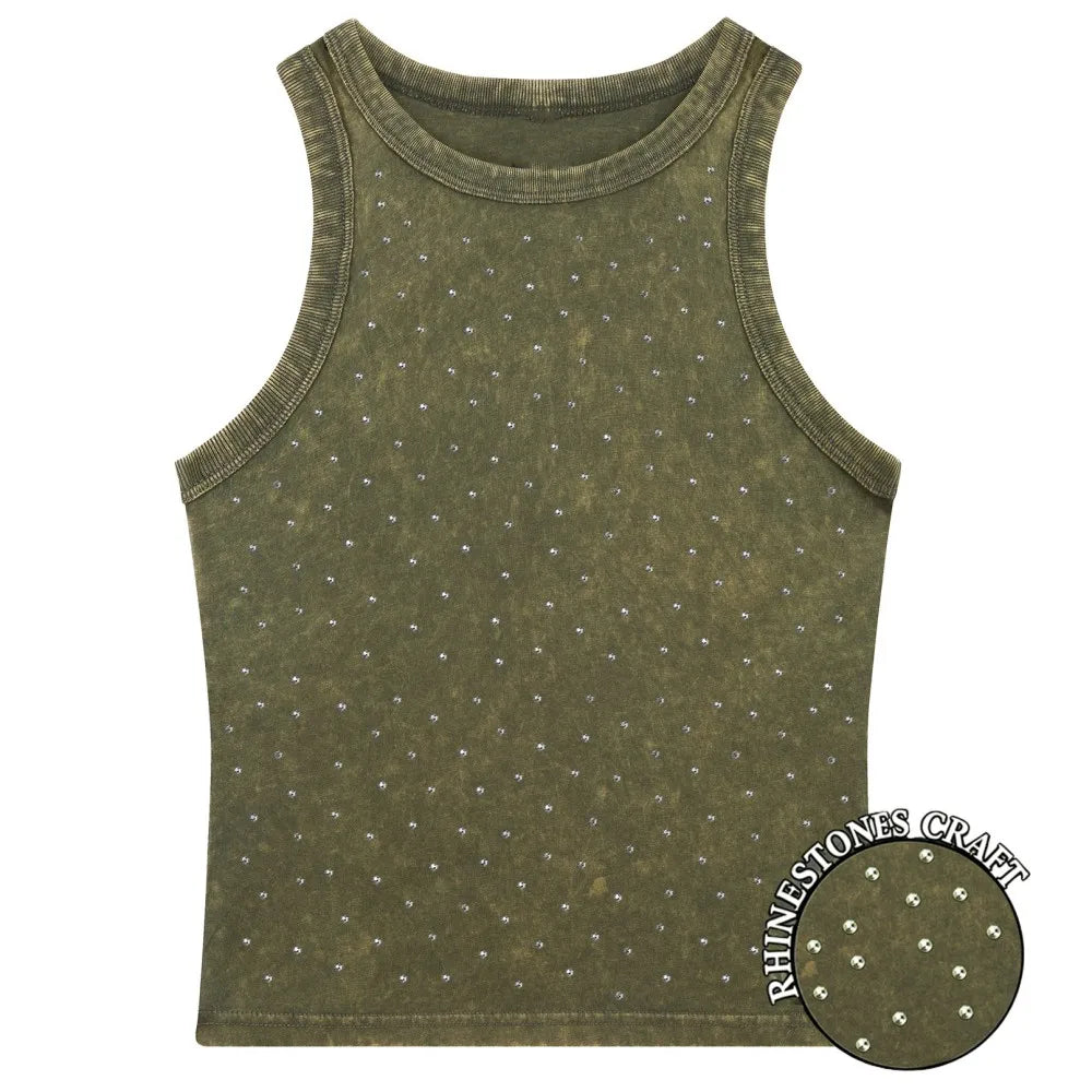 Y2k Cotton Solid Tank Tops For Womens Summer Sexy Sleeveless O-Neck Tight Washed Crop Tees Casual All-math Basic Streetwear
