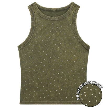 Y2k Cotton Solid Tank Tops For Womens Summer Sexy Sleeveless O-Neck Tight Washed Crop Tees Casual All-math Basic Streetwear
