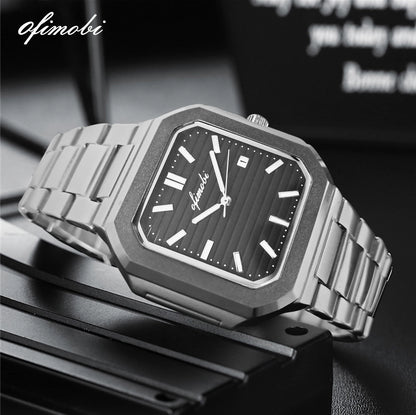 Classic Men Business Watches Fashion Square Dial Stainless Steel Strap Quartz Watch with Calendar For Luxury Mens Clock