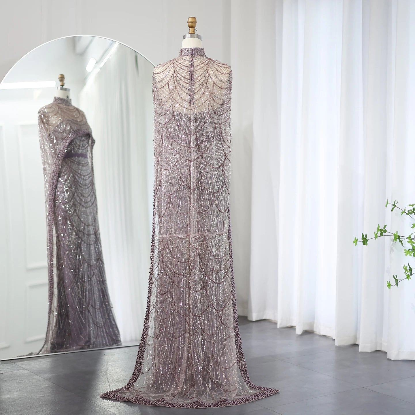 Sharon Said Luxury Pearls Dubai Champagne Evening Dresses with Cape New Arabic Women Mermaid Wedding Party Prom Dress SS369