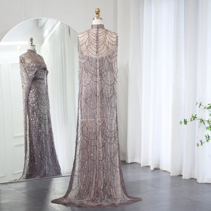 Sharon Said Luxury Pearls Dubai Champagne Evening Dresses with Cape New Arabic Women Mermaid Wedding Party Prom Dress SS369
