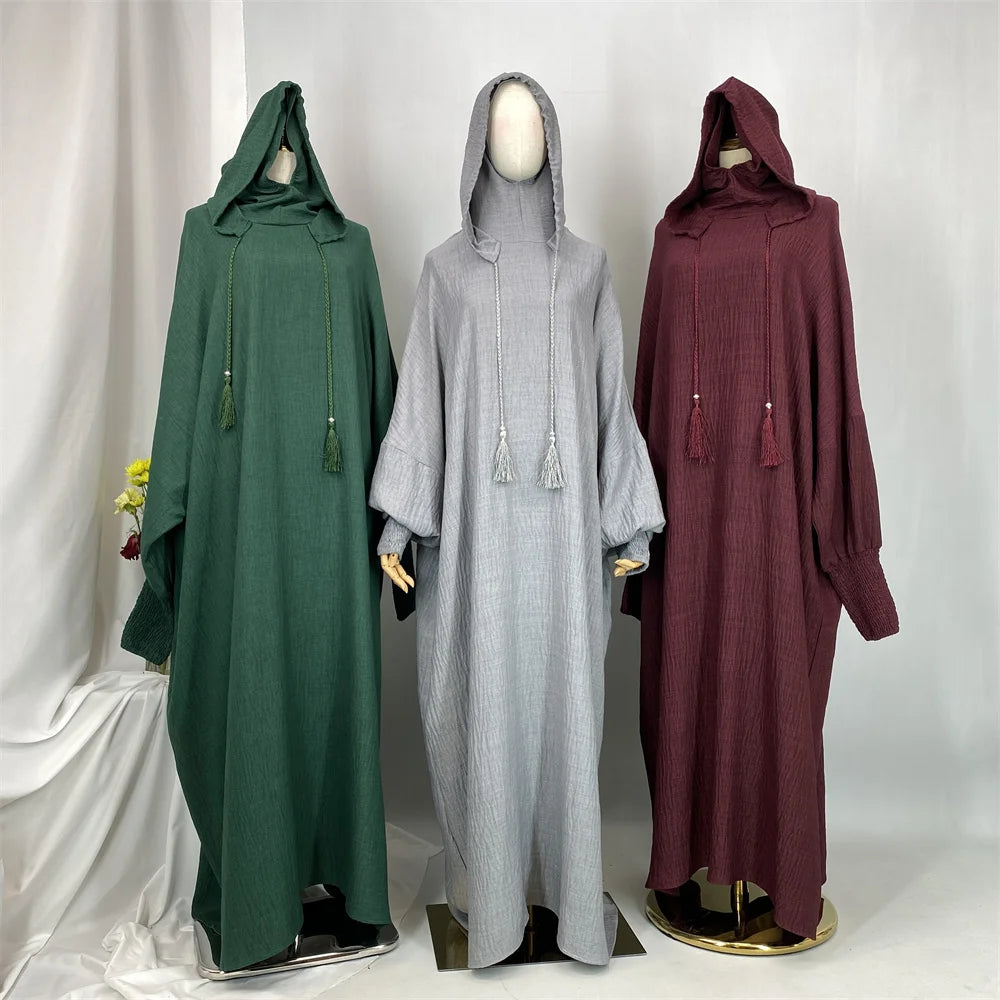 Hot Seller Ramadan Islamic Clothing Wrinkle Polyester Hoodie Abaya Dress With Undercap Muslim Women Abaya Hoodie Causal Dresses