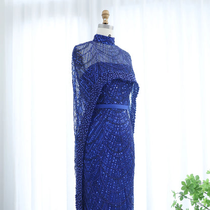 Sharon Said Luxury Pearls Dubai Champagne Evening Dresses with Cape New Arabic Women Mermaid Wedding Party Prom Dress SS369