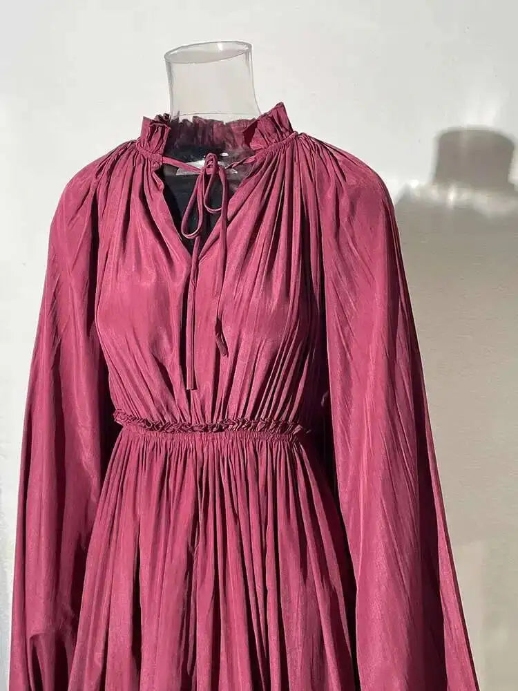 IEQJ Elegant Big Swing Irregular Ruffles Party Maxi Dresses For Women Cloak Sleeves Spliced Lace Up Pleated Dress 2025 New