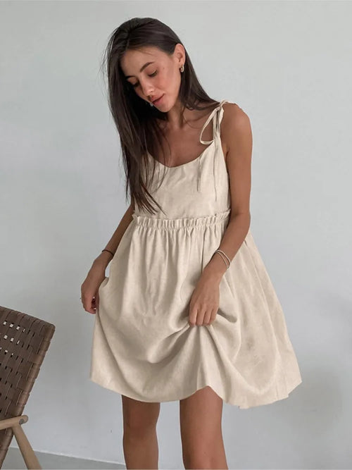 Solid Color Leace-up Spaghetti Strap Dresses Women Fashion Folds A-line Mini Dress Temperament Lady Commuting Short Vestidos New