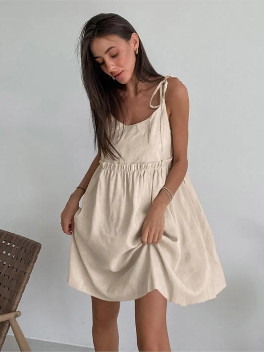 Solid Color Leace-up Spaghetti Strap Dresses Women Fashion Folds A-line Mini Dress Temperament Lady Commuting Short Vestidos New