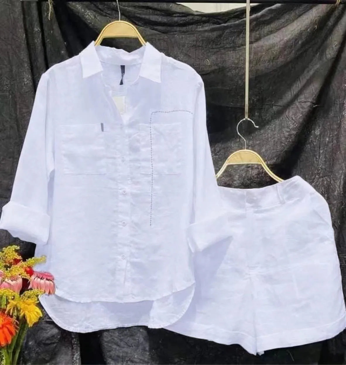 Summer Casual Home 2 Piece Set For Women 2025 Basics Cotton White Long Sleeve Shirt and Shorts Pants Set New Fashion Tracksuit