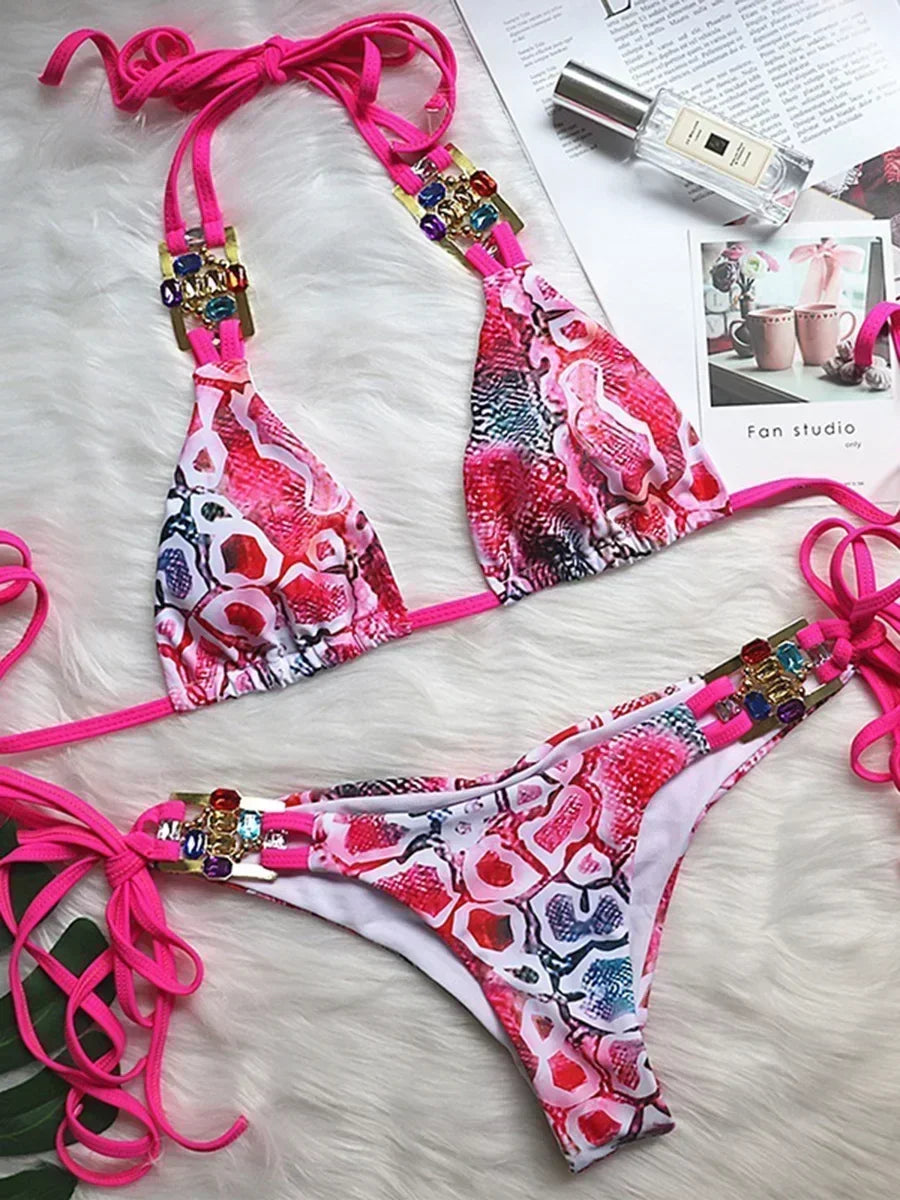 2026 Shiny Rhinestone Diamond Bikini Women Swimsuit Female Swimwear Two Pieces Bikini Set Halter Metal Chains Bathing Suit Swim