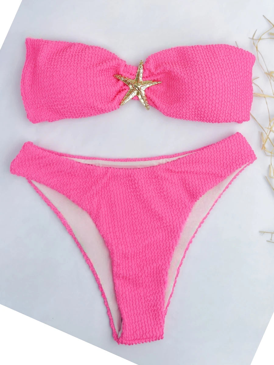Contrast Binding Bandeau Bikinis 2026 Women Sexy Swimsuit Solid Padded Swimwear Female Bathing Suit Swimming Summer Beachwear
