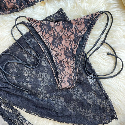 Lace Fabric Three-pieces Swimsuit Set With Sarong Bikini Inspired Women's Swimwear Beachwear Bathing Suit Vacay Outfit Biquini