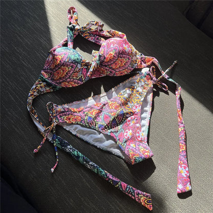 S- XL Sexy Printed Underwired Halter Bikini Women Swimwear Female Swimsuit Two-pieces Bikini set Bather Bathing Suit Swim V4591