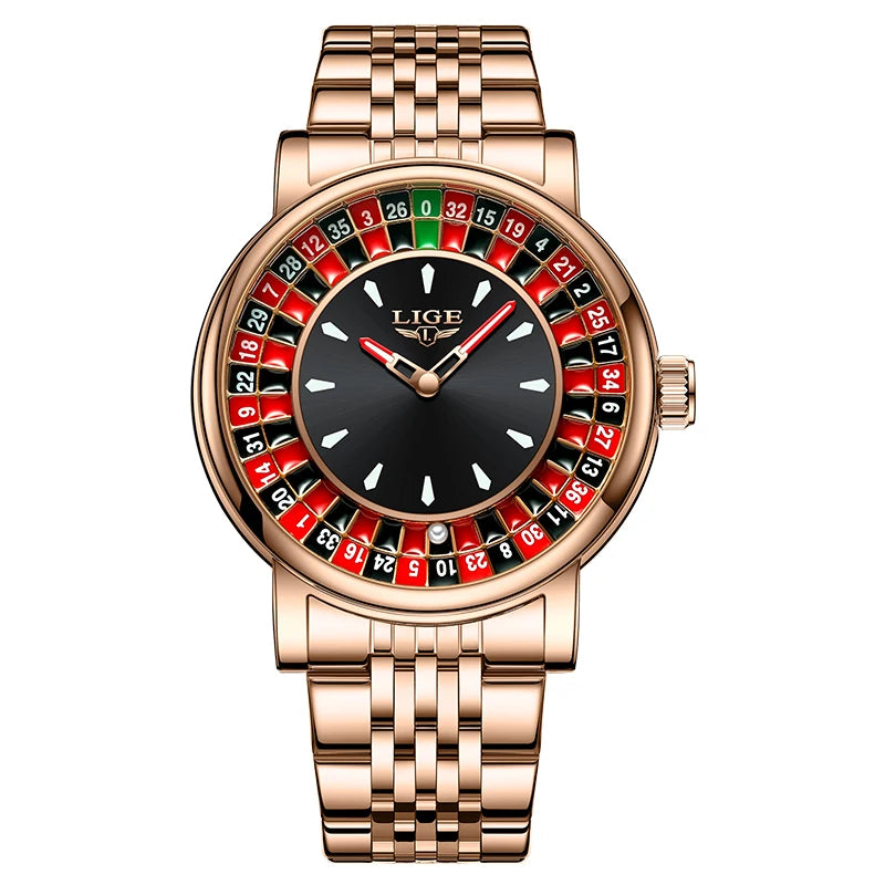 LIGE Quartz Man Watch Fashion Luxury Creative Roulette Game Dial Design Leather Casual Life Waterproof Watches for Men Gifts+Box