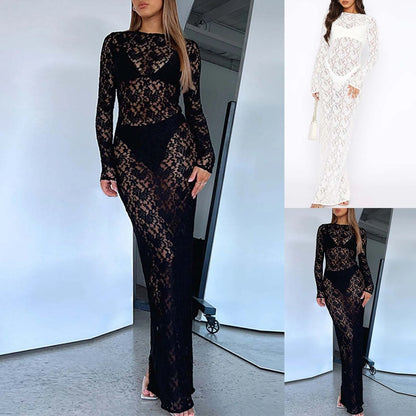 Sexy Women'S Summer O-Neck Long Sleeve Hollow Out White Lace Dress Streetwear Elegant See-Through Bodycon Black Party Dresses