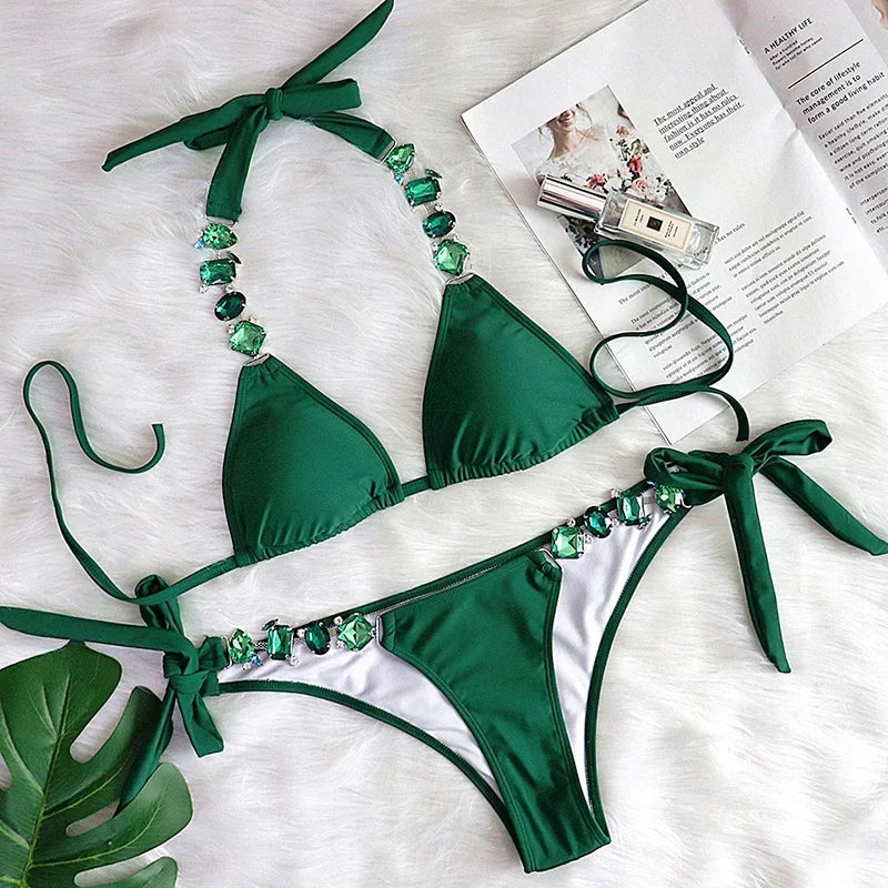 2026 Shiny Rhinestone Diamond Bikini Women Swimsuit Female Swimwear Two Pieces Bikini Set Halter Metal Chains Bathing Suit Swim