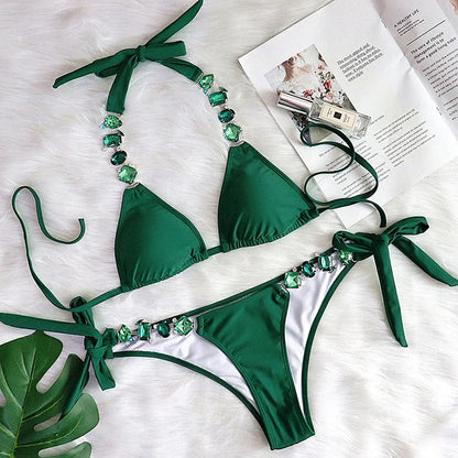 2026 Shiny Rhinestone Diamond Bikini Women Swimsuit Female Swimwear Two Pieces Bikini Set Halter Metal Chains Bathing Suit Swim