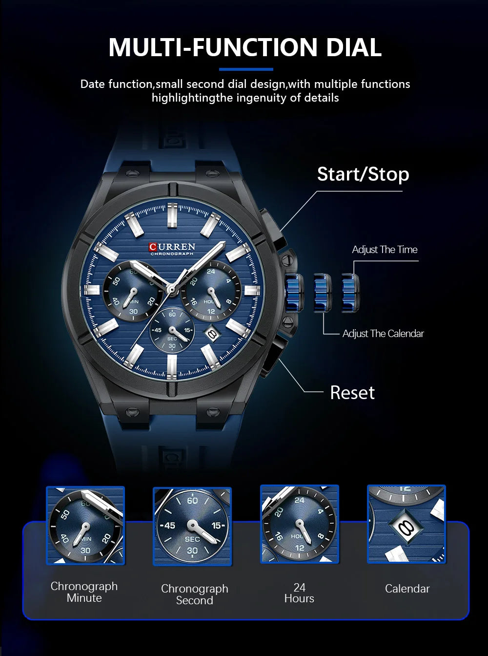 CURREN 8487 Casual Men's Quartz Wristwatch Multifunctional Chronograph Calendar Outdoor Sports Luminous Fashion Watches for Man