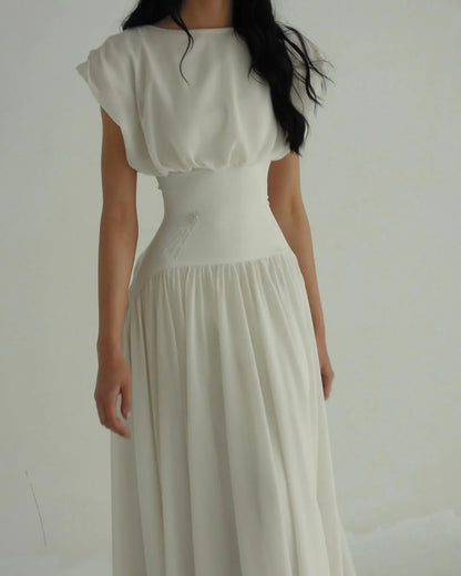 Elegant Sleeveless Girdling Long Dress Women O-neck High Waist Solid A-line Long Big Swing Dresses 2025 Summer Holiday Lady Robe