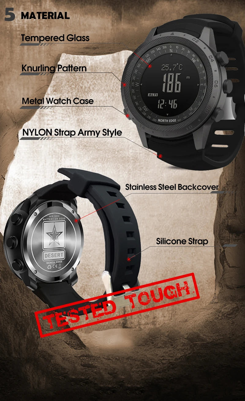 NORTH EDGE DESERT Men Digital Watch Outdoor Sports Running Swimming Outdoor Sport Watches Altimeter Barometer Compass WR50M