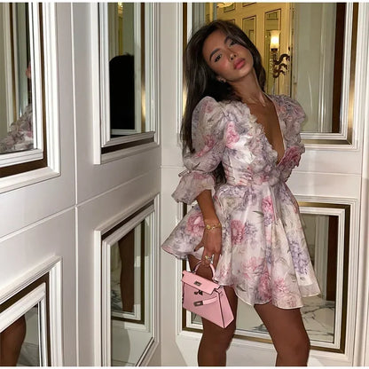 Trendy Floral Print Flare Sleeve V Neck Mini Dress Elegant High Waist Pleated Woman Vestidos 2025 New Autumn Evening Party Gown
